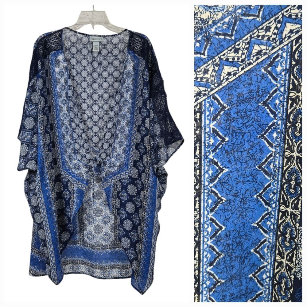 Catherines Blue Scarf Print Kimono 2X 3X Lightweight Chiffon Open Front Duster